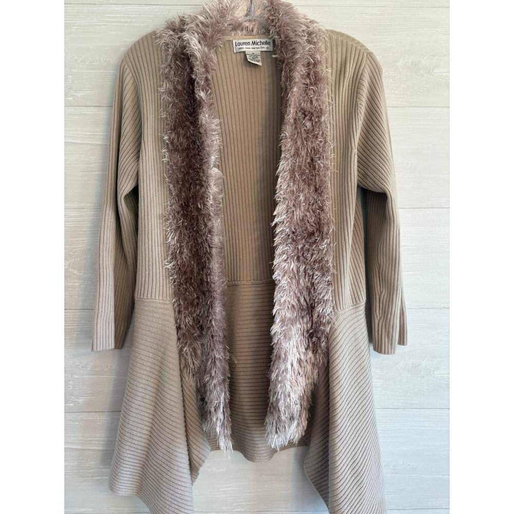 Lauren Michelle Cardigan Sweater Womens Tan Faux Fur Collar Open Front